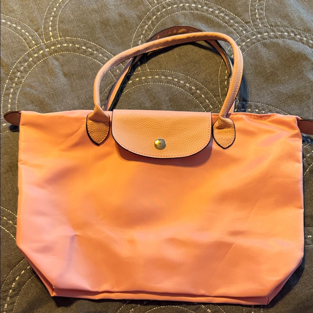 Pink Blush Nylon Tote Bag with Tan Trim